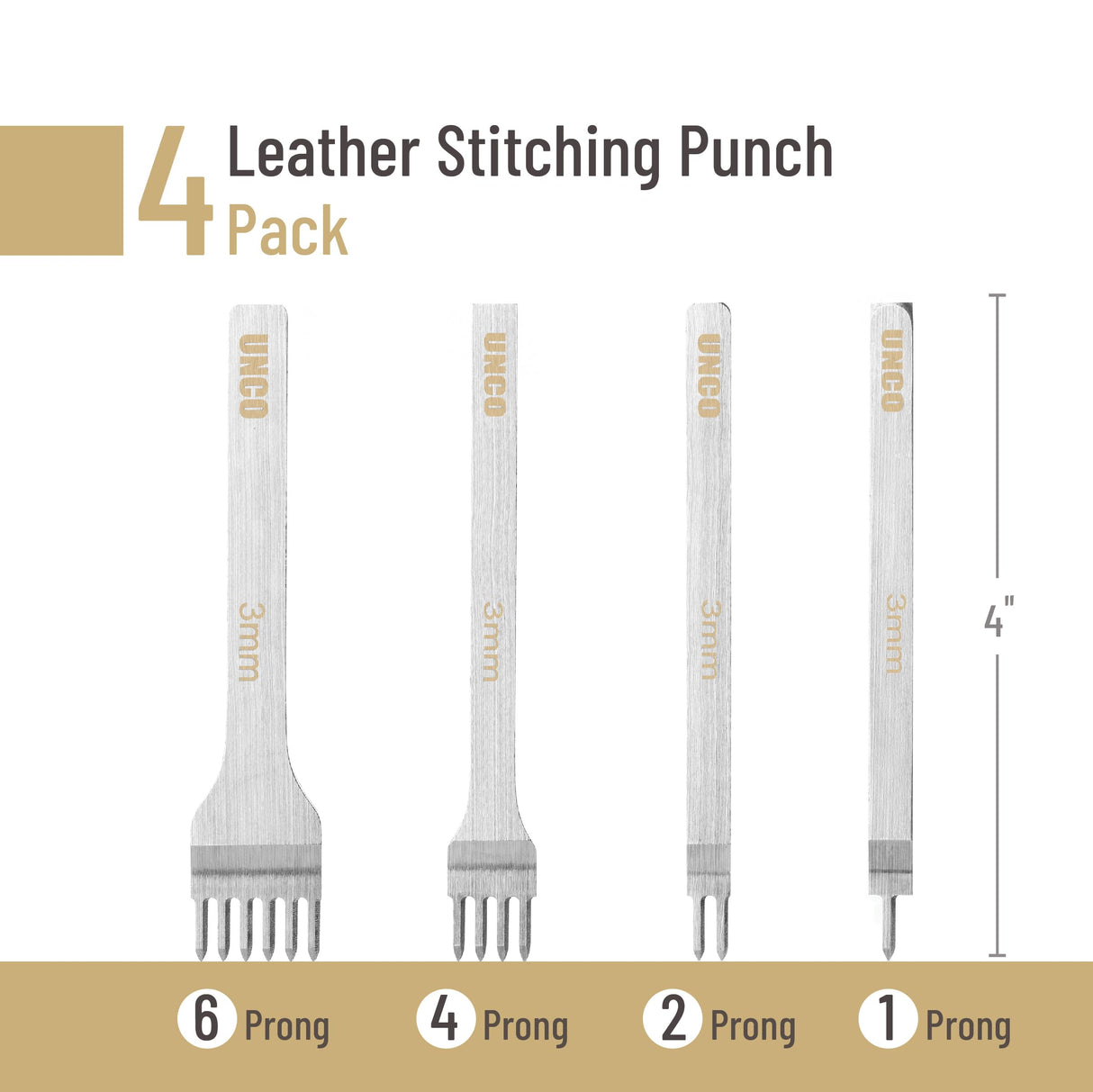 UNCO Leather Stitching Tool, 4 Pack, 3mm, 1/2/4/6 Prong, Chisel, Hole Punch UNCO