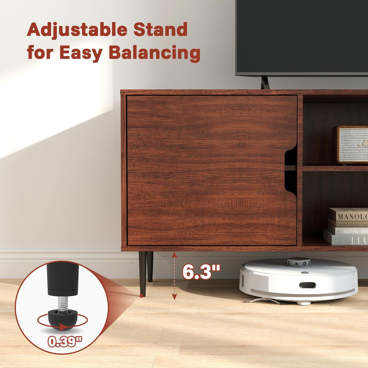 Redkey TV-Stand for Living Room - Mid Century Modern TV Stand with 3AC Outlets, Farmhouse Television Stands for 70 75 80 Inch TVs - Adjustable Shelf Height - Large Space Capacity - Reddish Brown Redkey