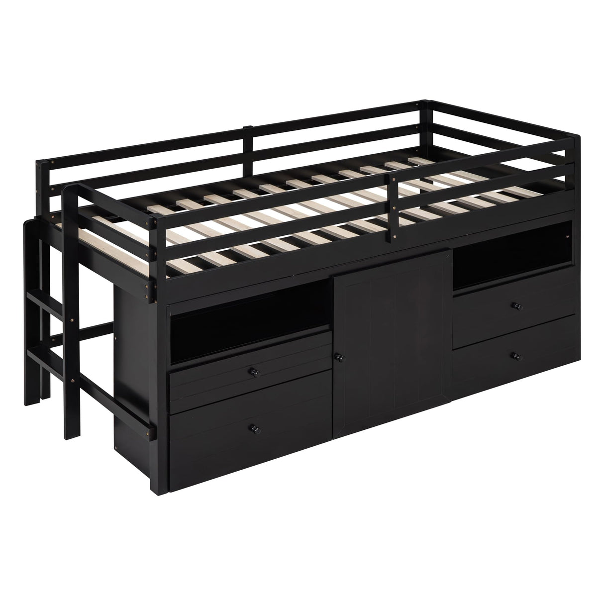 Merax Twin Size Loft Bed with 4 Storage Drawers, Cabinet and Shelves for Bedroom, Children's Room, Wooden Bed Frame with Guardrails on Both Sides for Teens, Boys, Girls, Easy Assembly, Espresso Merax