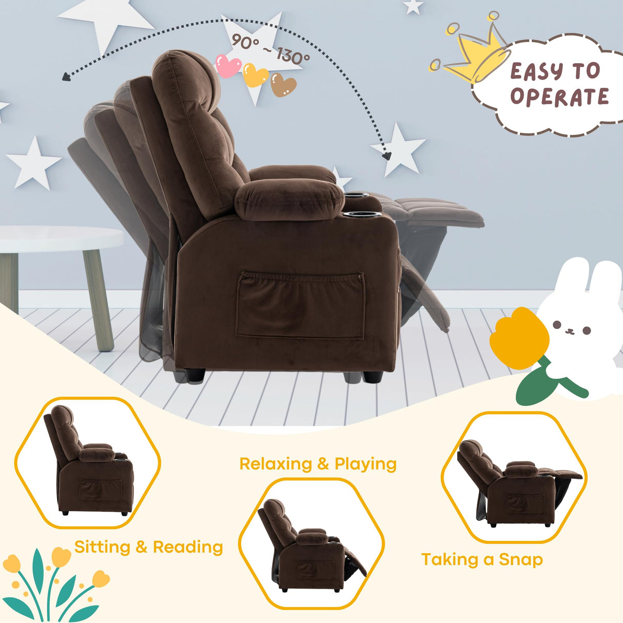SNUGWAY Donut Larger Kids Reclining Chair Velvet Fabric Recliner Sofa Push Back Children Ages 3-12 with Dual Cup Holders and 4 Pockets SNUGWAY