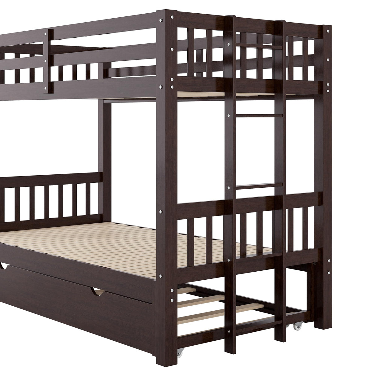 Twin Over Double Twin Bunk Bed with Trundle, Convertible Bottom Bed, Pull-Out Multi-Functional Bunk Bed Can for 4 People, Wooden Bunk Bed with Ladder and Safety Rail, Espresso Bellemave
