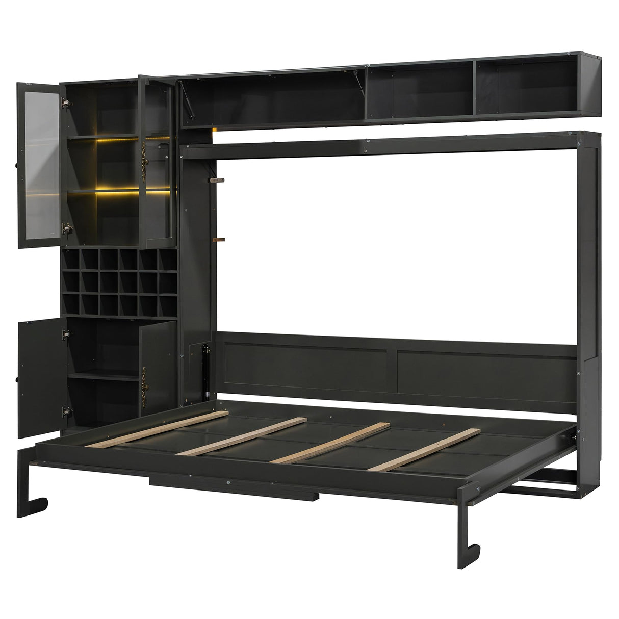 Merax Queen Size Murphy Bed Wall Bed with Sofa, Shelves, USB & Light - Space Saving Foldable Bed for Small Apartments, Grey Merax