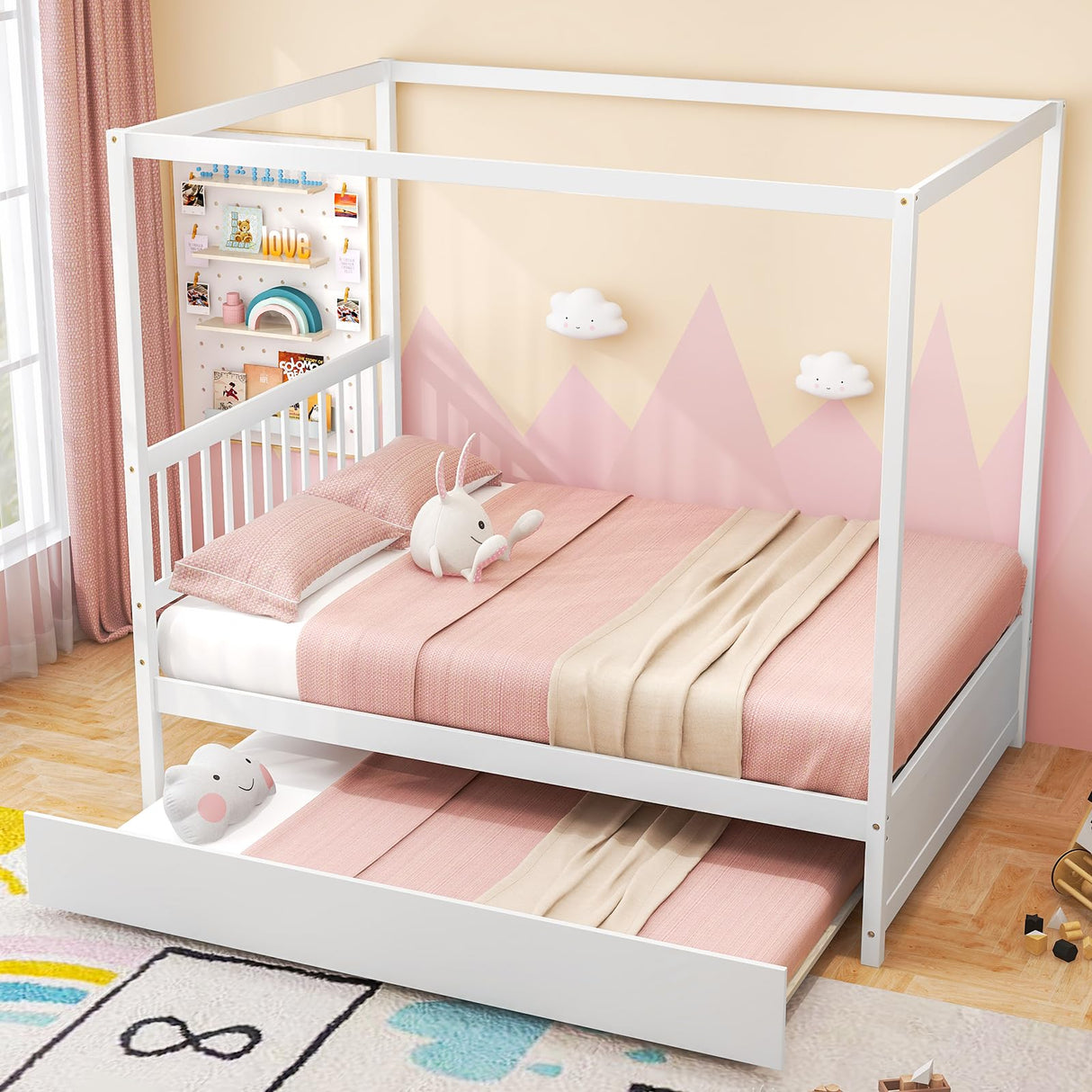 KOMFOTT Space-Saving Full Wood Canopy Bed with Twin Trundle for Kids - Easy Assembly in White KOMFOTT
