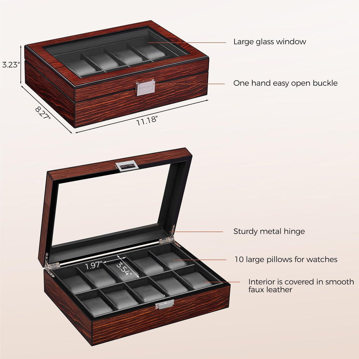 BEWISHOME Watch Box -10 Slot Luxury Wooden Watch Cases for Men Watch Storage with Real Glass Top, Mens Watch Organizer Holder with Removable Pillows, Smooth Faux Leather Interior, Brown SSH10Y BEWISHOME