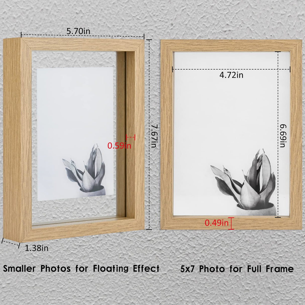 MUYE 5x7 Floating Frame Set of 2,Double Glass Rustic Photo Frame for Wall Hanging or Tabletop Standing,Also Display 4x6 or 3x5 Photo for Floating Effect,Natural MUYE
