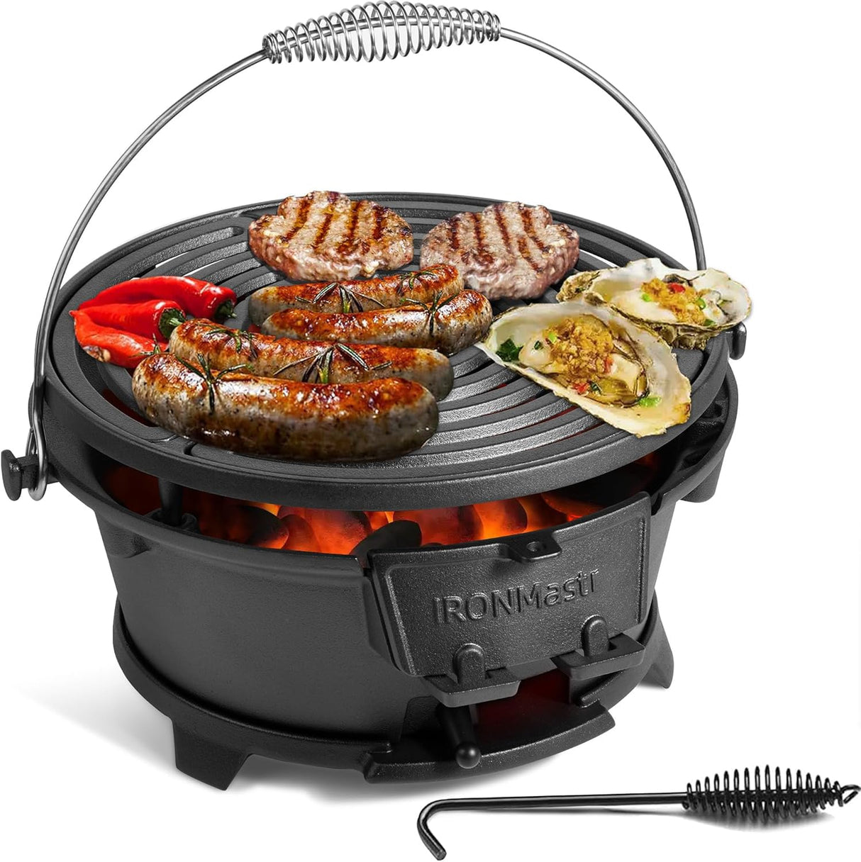 IronMaster Hibachi Grill Outdoor, 100% Cast Iron Grill, Mini Small Portable Charcoal Grill for Outdoor Camping Stove - 2 Heights, Air Control, Coal Door IronMaster