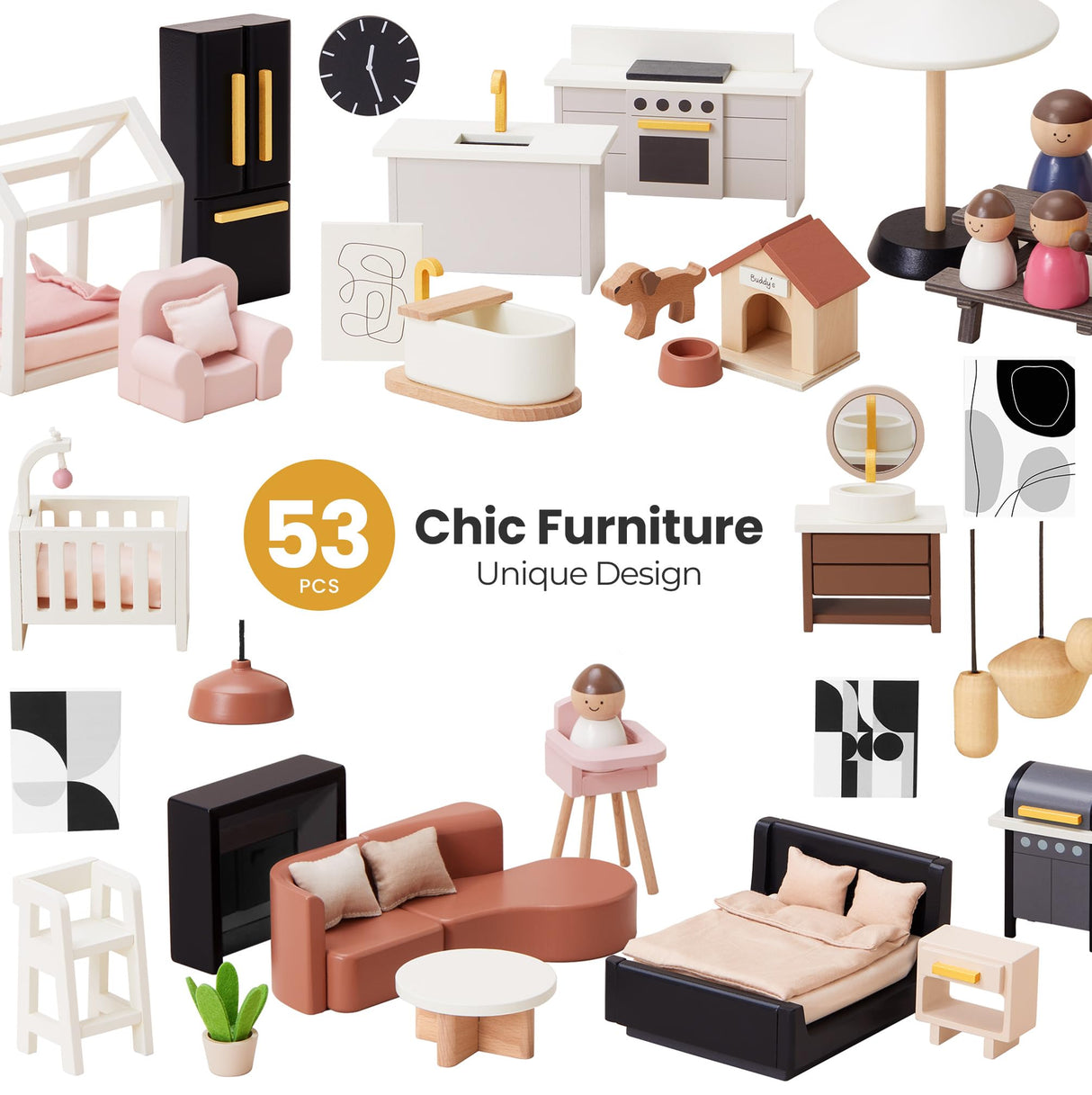 Tiny Land Doll House, Modern Family Dollhouse with Realistic Design, Wooden Dollhouse with 53Pcs Furniture - Ideal Gift for Kids Ages 3+ Tiny Land