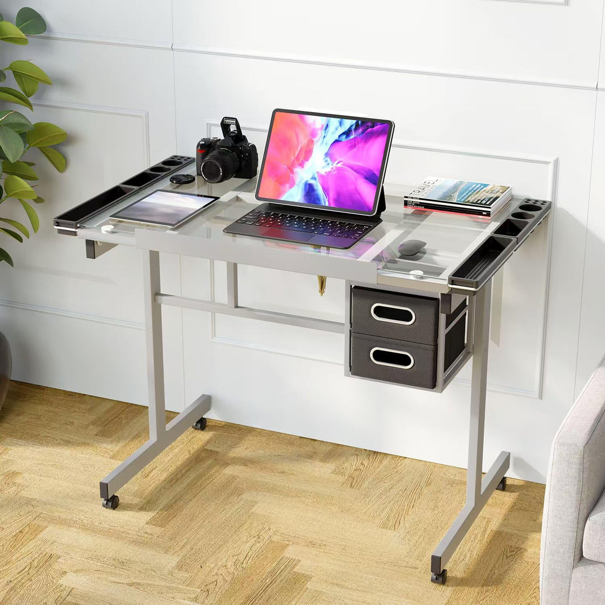 OS MOTOR Adjustable Drafting Table with Glass Top, Art Craft Desk with Slide-Out Drawers, Rolling Wheels, Storage, for Drawing, Writing, Painting, and Creative Tasks, Ideal for Home Office OS MOTOR
