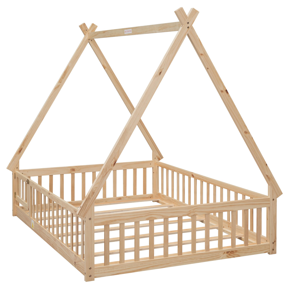 Mirightone Full Size Montessori Tent Floor Bed with Slats and Guardrails in Natural Wood Mirightone