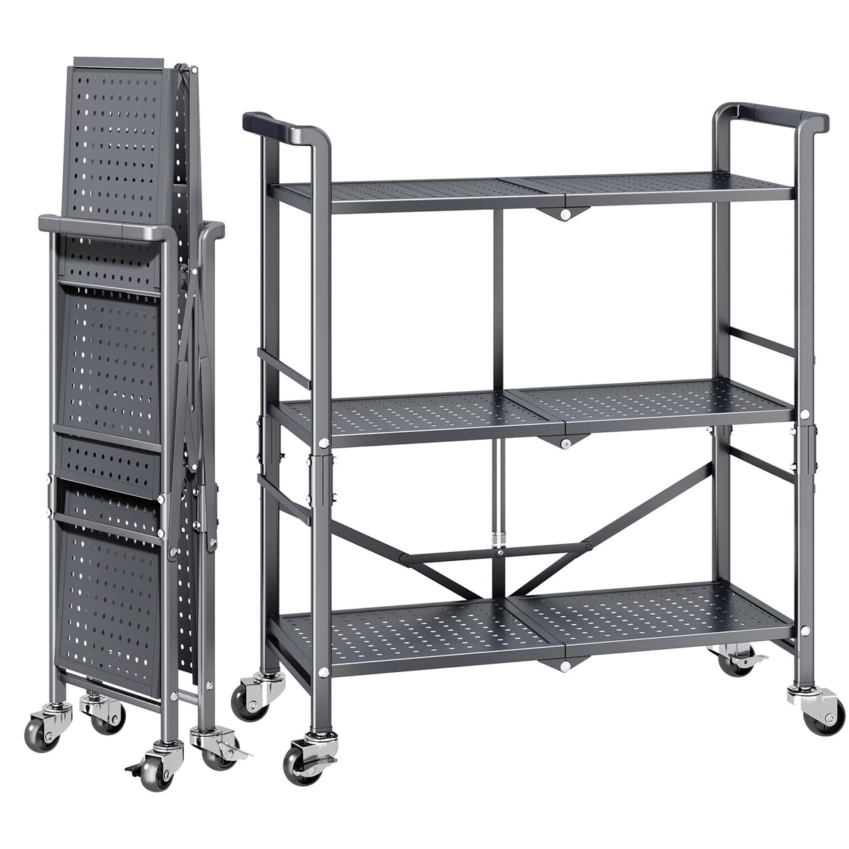 3 Tier Rolling Utility Foldable Cart - Metal Folding Cart with Wheels, Collapsible Service Cart Storage Shelf Rack for Kitchen Office Garage Plant Outdoor cart, Gray SAYZH