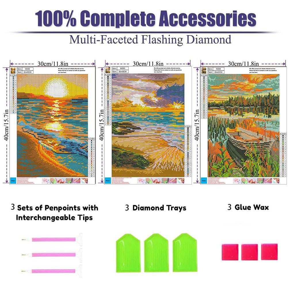 Diamond Painting Kits for Adults,3 Pack Sunset Ocean Diamond Art for Beginners, Diamond Round 5D Full Drill Paint with Diamonds Pictures Gem Art Painting Kits DIY Crafts Kits 12x16inch OFRKE