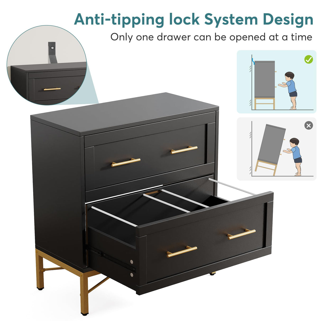 Tribesigns 2 Drawer File Cabinet, Modern Lateral Filing Cabinet for Letter/Legal/A4 Size, Large File Storage Cabinets Printer Stand with Storage for Home, Office, Black/Gold Tribesigns