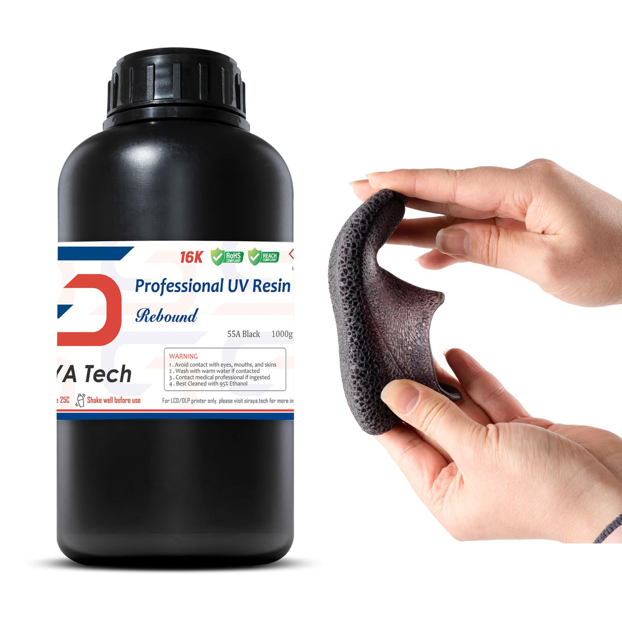 Siraya Tech Rebound 55A Black – Fast-Rebound 3D Printing Resin, High Elasticity, 55A Shore Hardness, Flexible & Shock-Absorbing – for Prototyping, Industrial & Consumer Applications (1kg) Siraya Tech