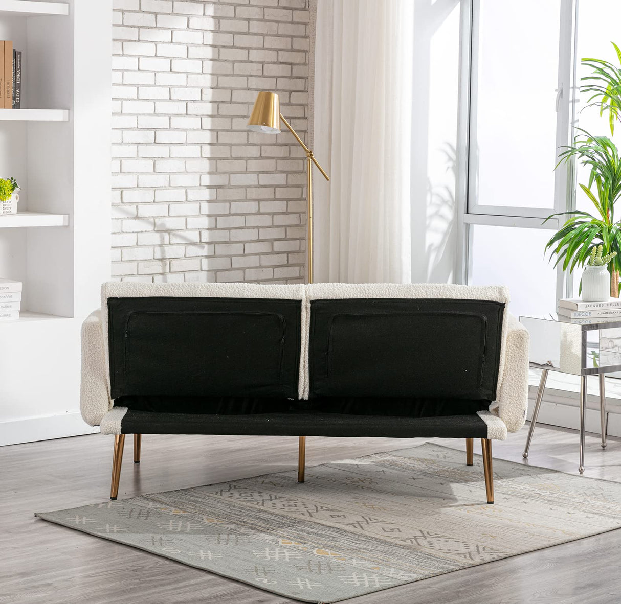 Antetek Futon Sofa Bed with 3 Adjustable Positions, Small Sleeper Sofa Loveseat with 2 Decorative Pillows, Modern Upholstered Convertible Couch with 5 Metal Tapered Legs, Ivory Teddy Antetek