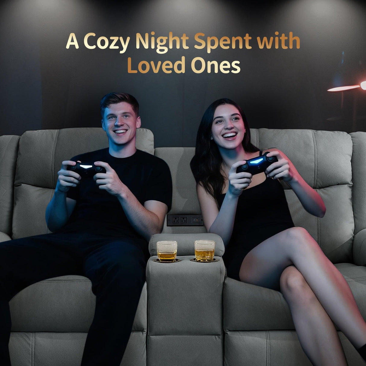 Korser Loveseat Recliner Sofa, Reclining Loveseat Couch with Manual Pull Tab, Reclining Couch with Console, USB Port, US Outlets, and Cup Holders, 2-Seater Performance Fabric Sofa for Living Room, RVs Korser