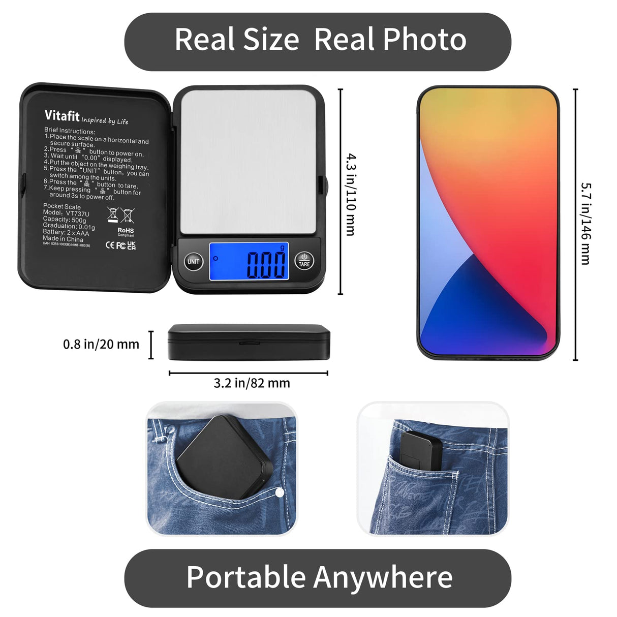 Vitafit 500g Digital Pocket Scale,High Accuracy Assured by Scale Professional Factory Since 2001, Gram Scale 0.01g for Multifunction: Lab,Food, Kitchen,Coffee,Jewelry; Black Vitafit