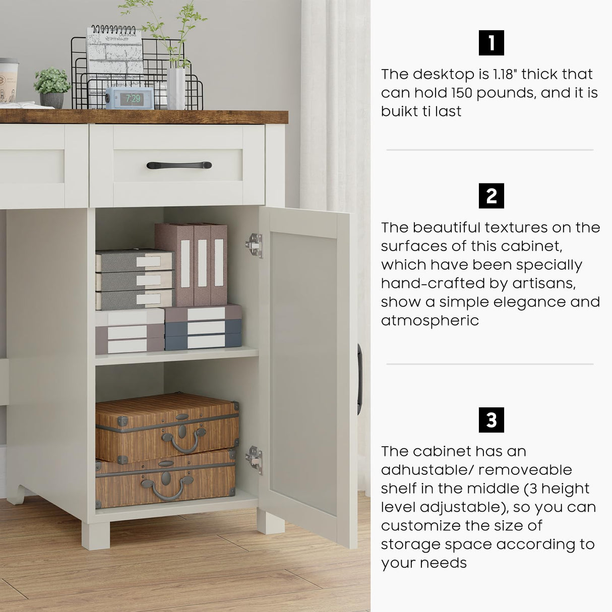 Emirde Farmhouse 47" Executive Desk, Computer Desks with Drawers and Storage Cabinet, Workstation Computer Desk for Home Office, Study.(White Emirde