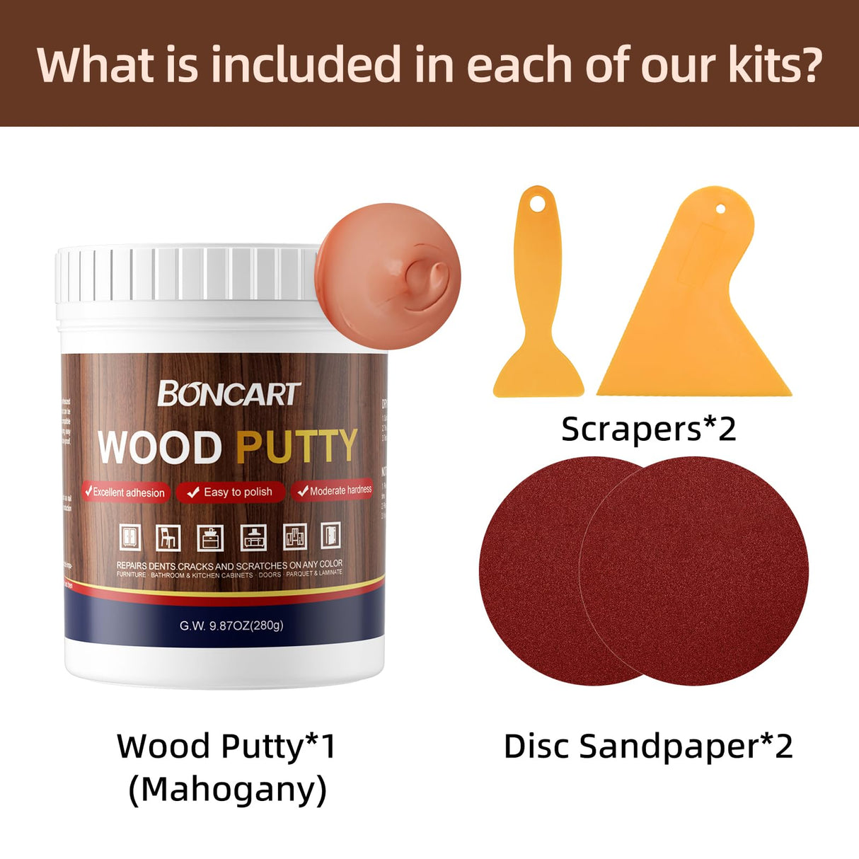 BONCART Wood Filler,Wood Putty,Mahogany Wood Filler,Paintable, Stainable, Sandable. Wood Filler can quickly repair holes, cracks, chips, damage, and Boncart