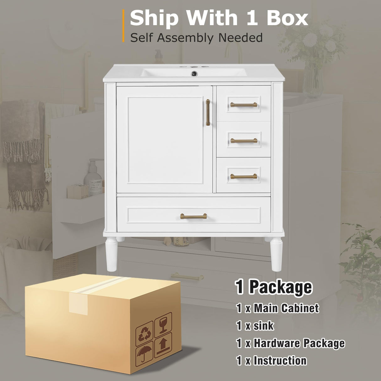 Sailret 30 Inch White Bathroom Vanity with Ceramic Sink, Soft Close Door, Adjustable U-Shaped Shelf, Drawer & Door Organizer, Modern Solid Wood Cabinet for Bathroom Storage Sailret