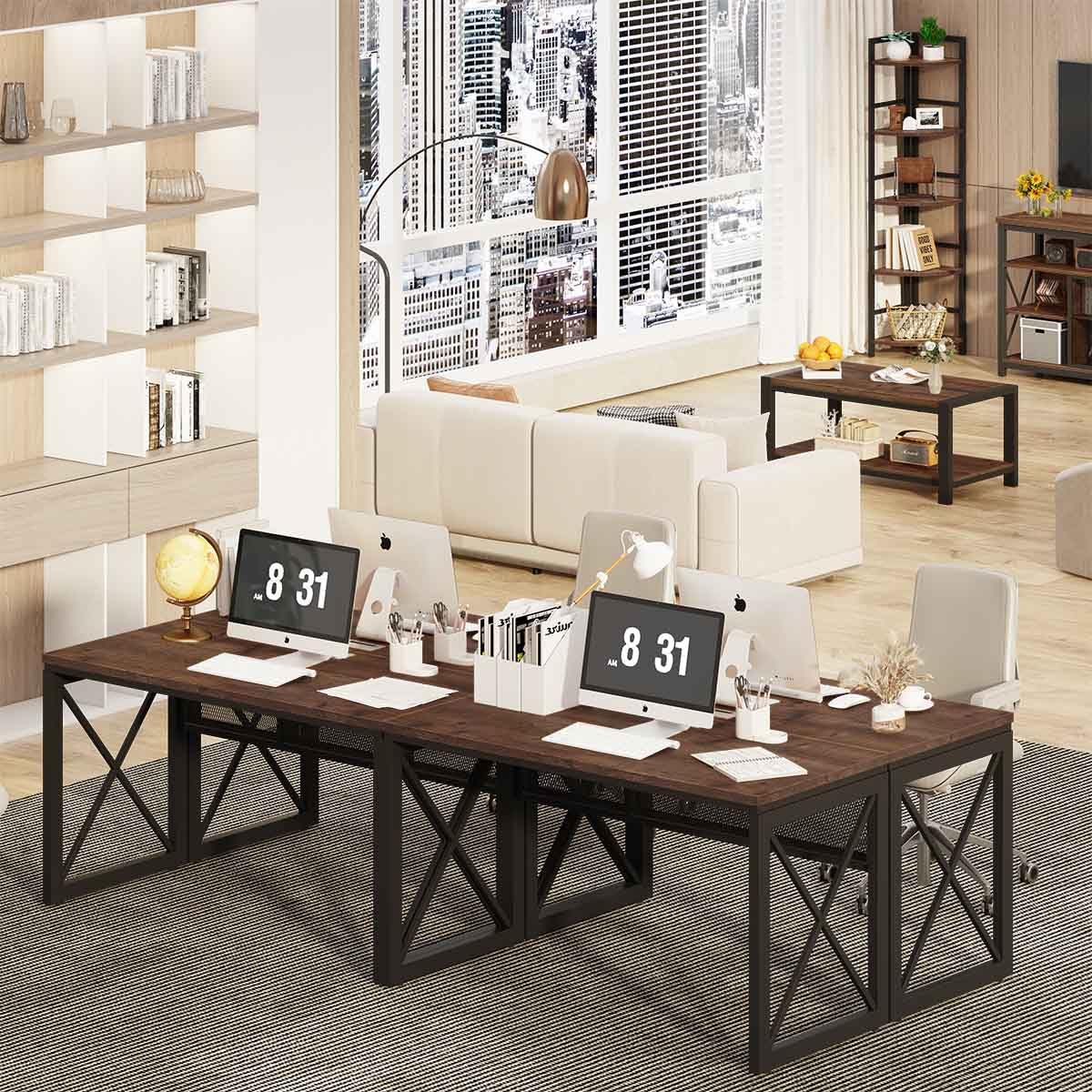 BON AUGURE Farmhouse Computer Desk, Modern Industrial Home Office Desks, Wood Metal Study Writing Table, Sturdy Gaming Desk (Rustic Oak, 54 Inch) BON AUGURE