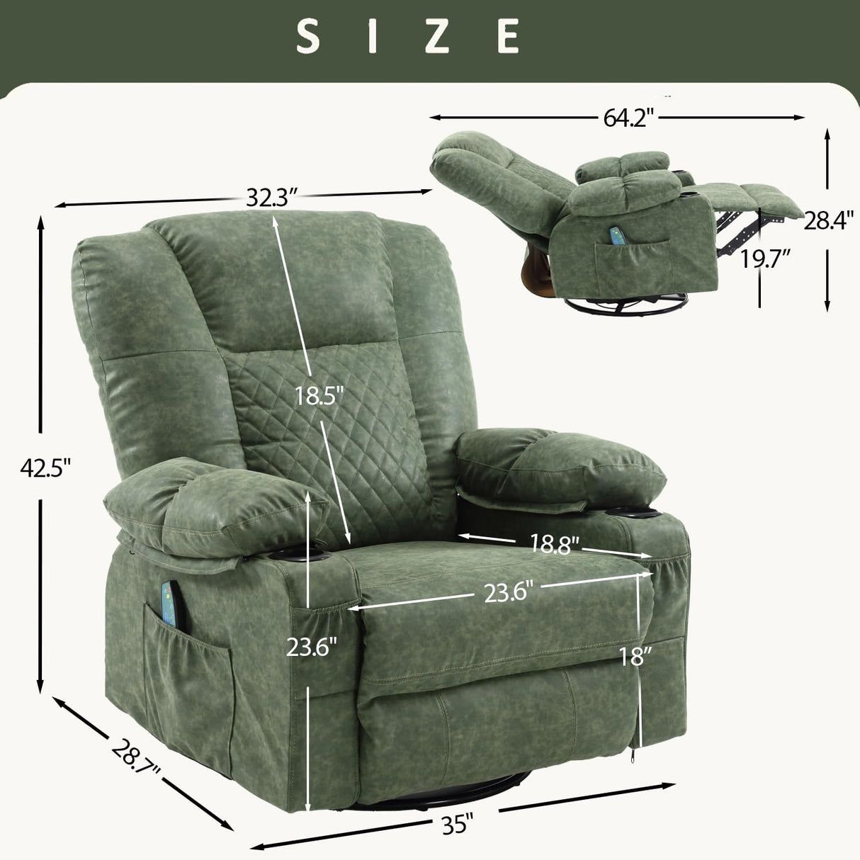 Swivel Rocker Recliner Chair for Adults with Vibration Massage, Overstuffed PU Leather Recliner with Lumbar Heat, Modern Manual Rocking Recliner with for Living Room, Home Theater, Dark Green Comermax