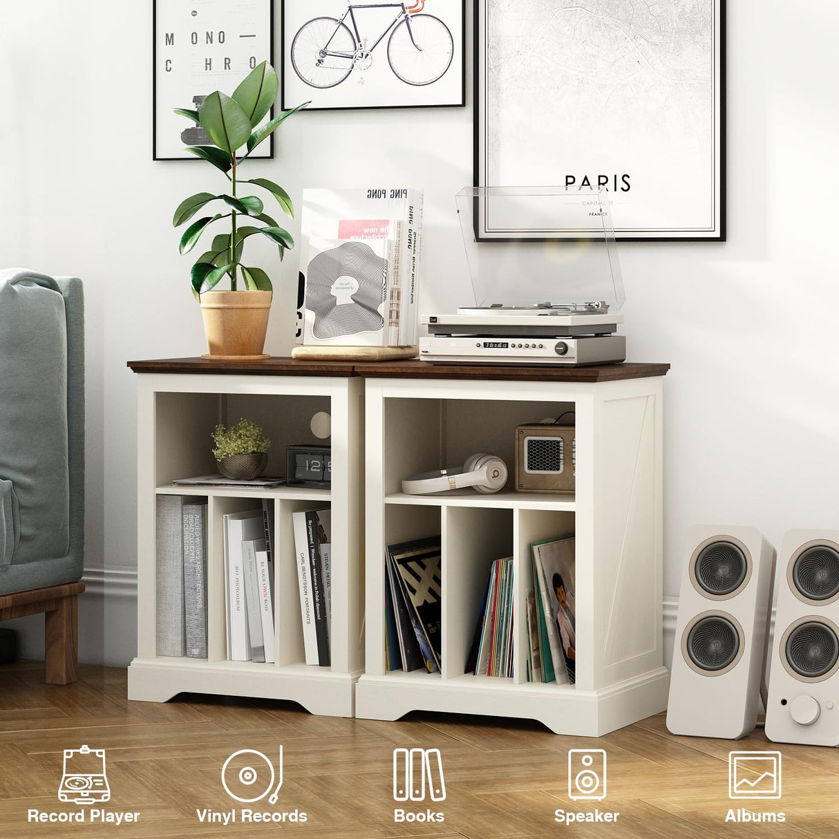 Farmhouse Record Player Stand, 3 Tier End Table, Turntable Stand with Vinyl Record Storage Holds Up to 160 Albums,Wood Record Holder Cabinet Dispaly Shelf for Living Room,Bedroom,Office,Antique White RowyPoey