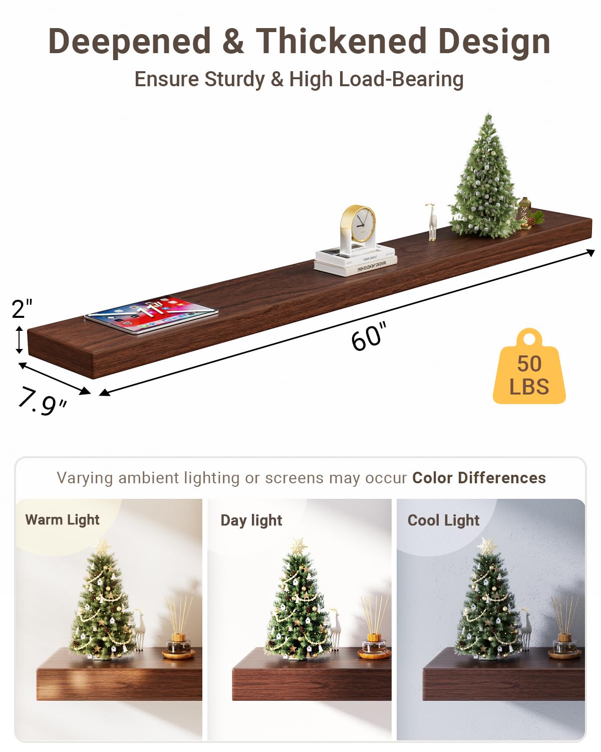 QueenFun 60 Inch Long Floating Wall Shelf Walnut, 8 Inch Deep Wood Floating Shelf Wall Mounted, Thick Wooden Mantel Shelf with 50LB Load-Bearing for Living Room Kitchen Bedroom QueenFun