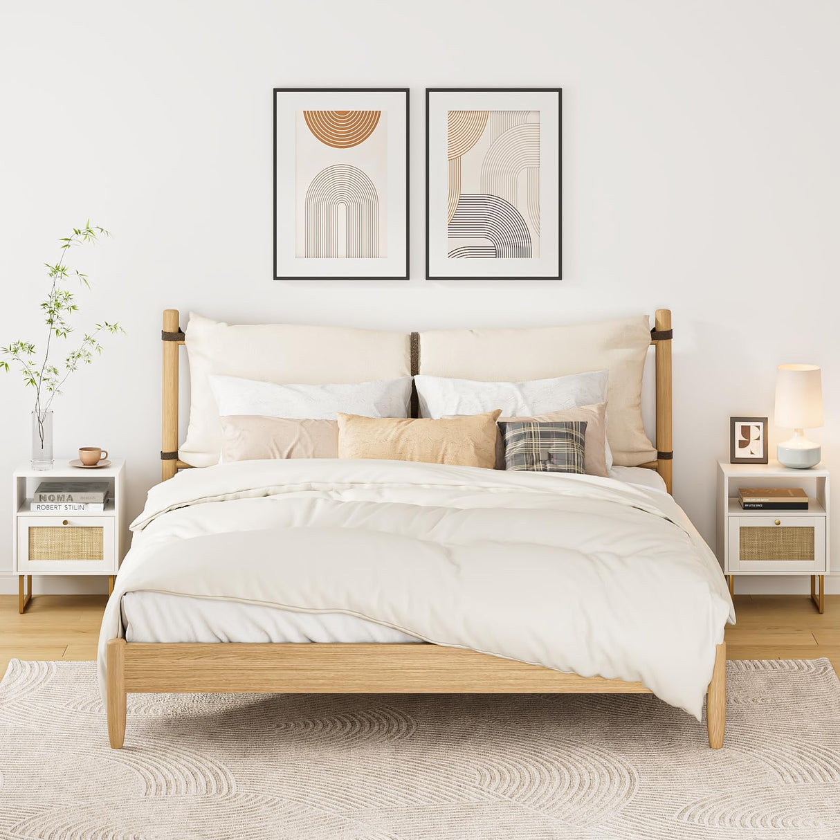 Apetaccat Rattan Nightstand, Boho Night Stand Farmhouse Wood Bedside Table with Storage and Open Shelf, End Side Accent Table for Bedroom,Living Room,White Apetaccat