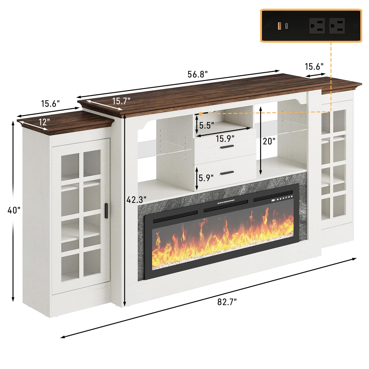 85" Electric Fireplace with Mantel, Fireplace TV Stand w/ 42" Electric Fireplace for 65 Inch TVs with Power Outlets, Farmhouse Entertainment Center with Storage for Living Room, Bedroom, Antique White Hlivelood