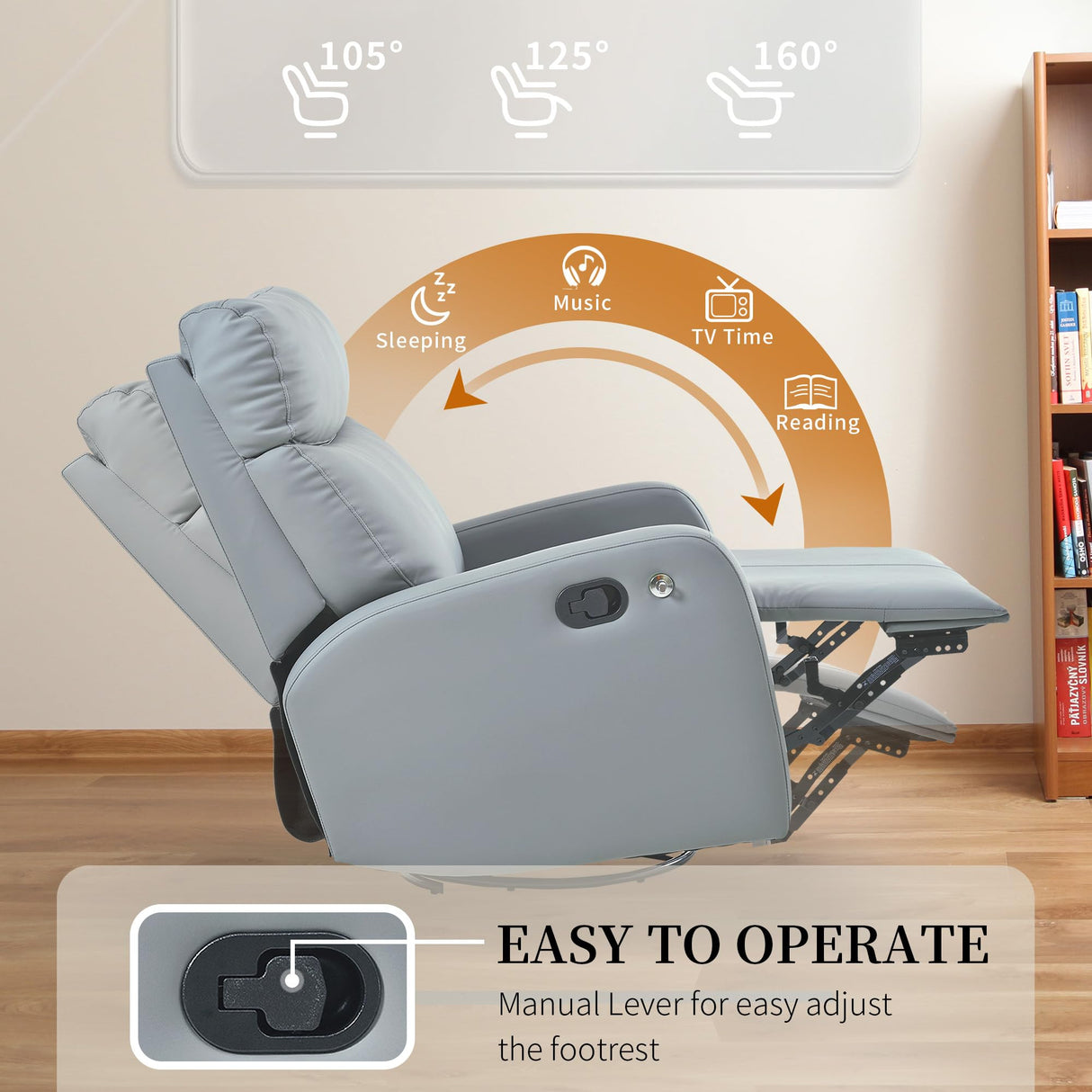 CHSICFOR Manual Swivel Recliner Chair,Nursery Reclining Sofa Chair with Lumbar Support, Adult Soft Padded Faux Leather Glider Recliner with 360° Free Rotation,Removable Phone Holder,Blue Gray CHSICFOR