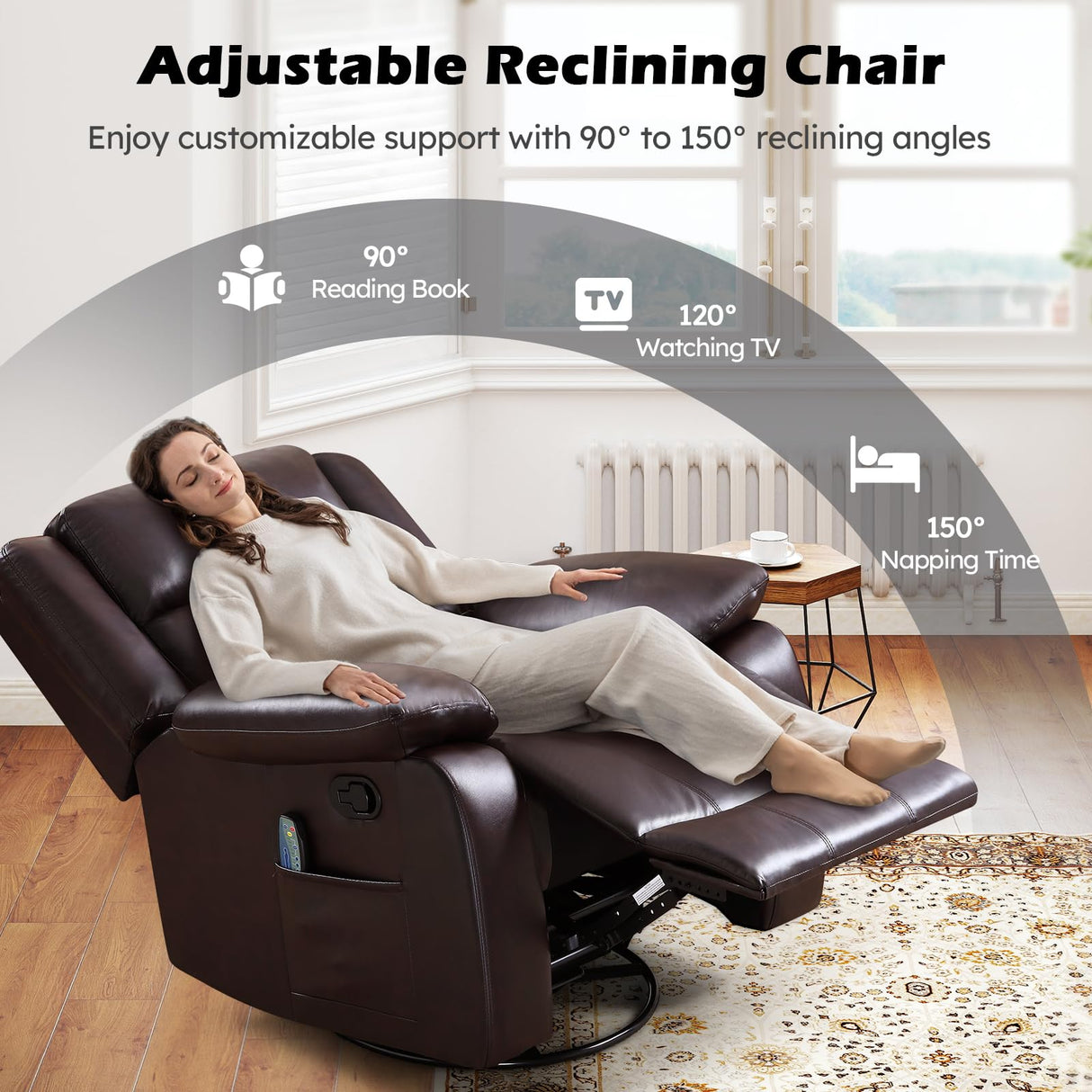 ANJ Swivel Rocker Recliner Chair, Manual Rocking Glider Massage Recliner with Heat, Overstuffed PU Leather Big Large Recliner for Living Room Bedroom Nursery ANJ