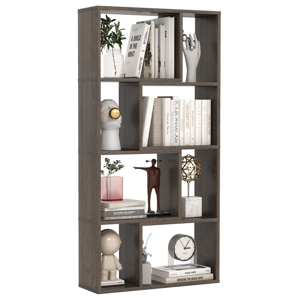 Tangkula 5 Tier Geometric Bookshelf, 48”H Freestanding 8-Cube Open Bookcase, Wooden Storage Display Shelf, 2 Anti-Toppling Devices, 8 Cubes Home Office Decor Room Divider for Living Room (1, Gray) Tangkula