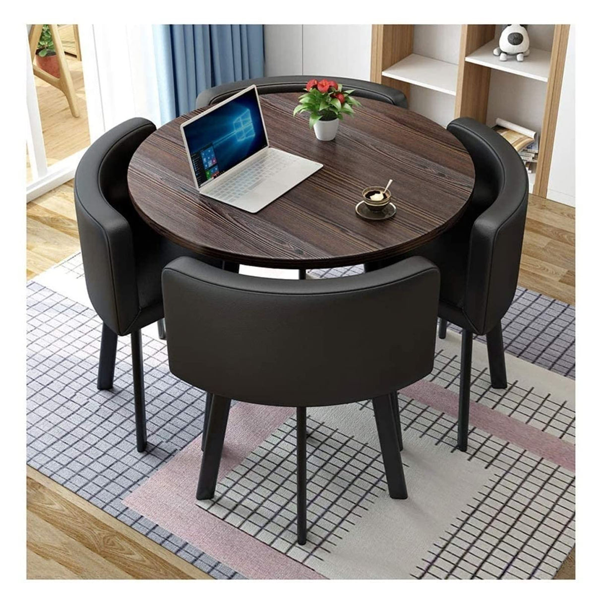 Mfallon Round Conference Table Small Meeting Room Coffee Table Set w/ 4 Chair, Office Business Guest Reception Table, Simple Dining and Chair Set of 4 Leisure Combination (Color : Black Leather) Mfallon