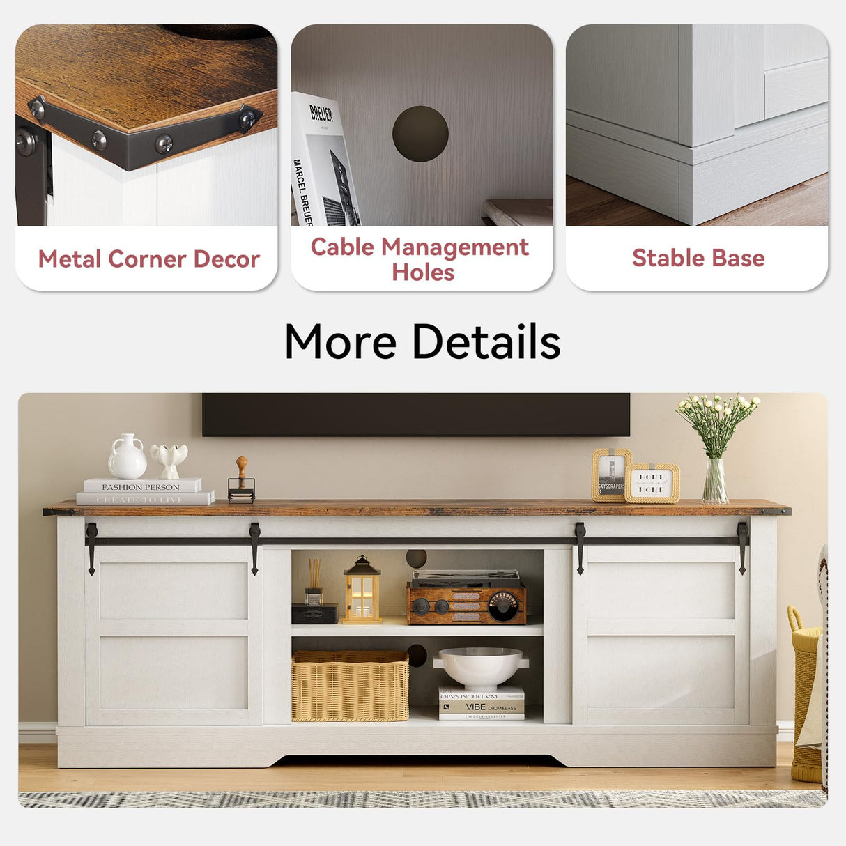 oneinmil 66” Farmhouse TV Stand, Modern Rustic Entertainment Center with Sliding Barn Door and Storage Cabinets, Metal Media TV Console with Set of Shelf for TVs up to 75”, White oneinmil