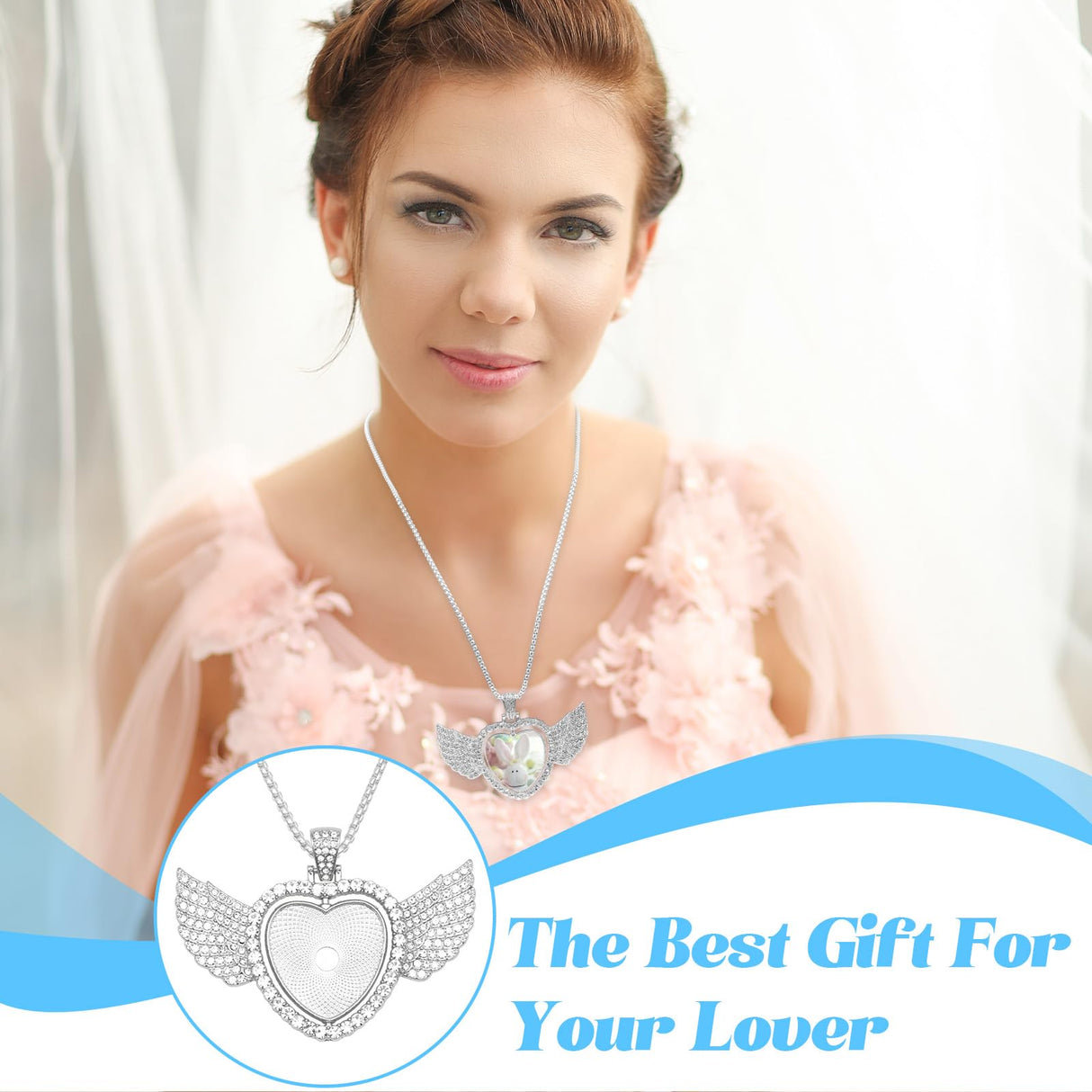 ZYNERY 48 Pcs Sublimation Rhinestone Trays Pendant Set, Sublimation Necklace Blank with Chain, Includes 8 Double Sided Blank Rhinestone Bezel Trays, 8 Chains, 16 Sublimation Discs, 16 Tapes (Wings) ZYNERY