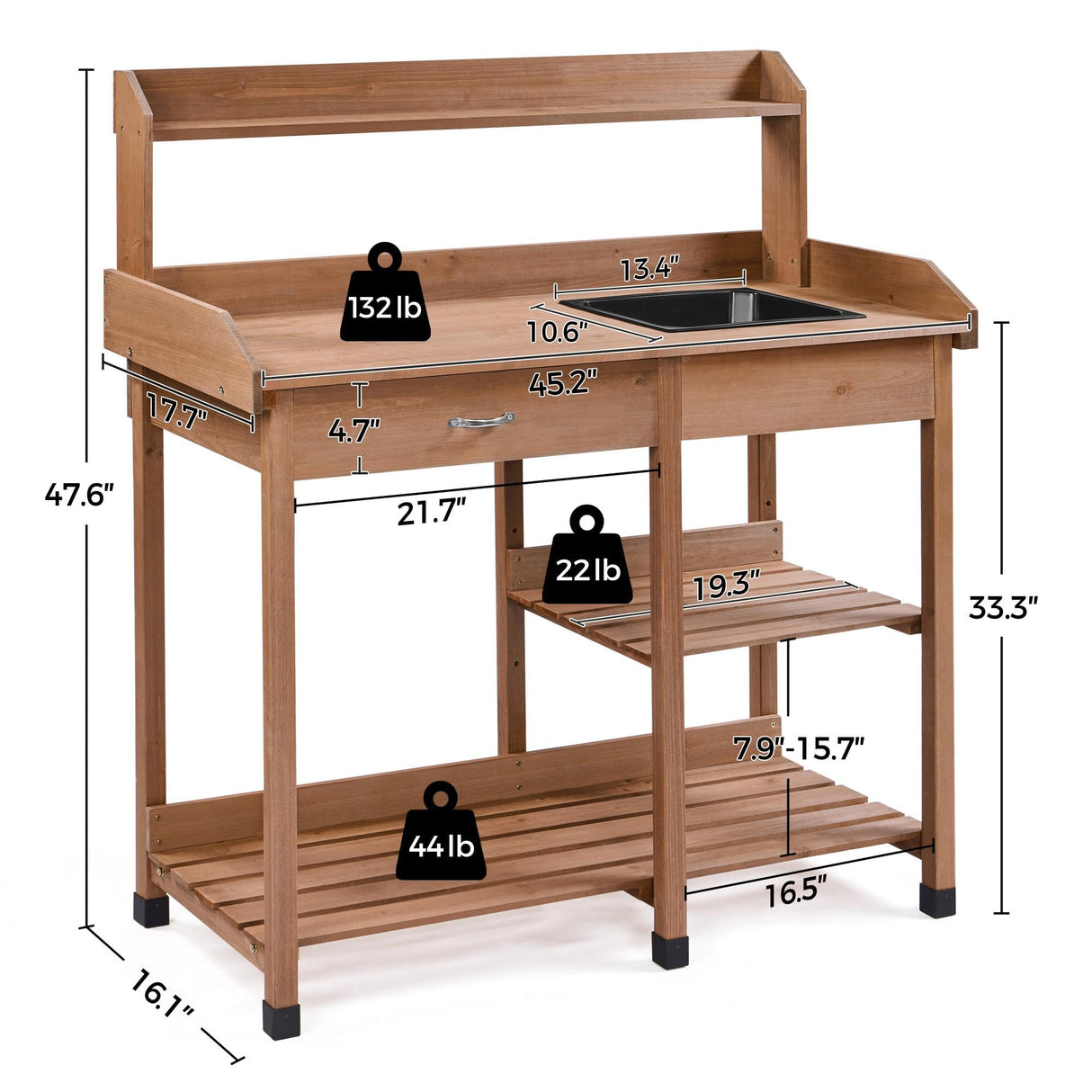 Yaheetech Potting Bench Outdoor Garden Work Bench Station Planting Solid Wood Construction for Horticulture w/Sink Drawer Rack Shelves Brown Yaheetech