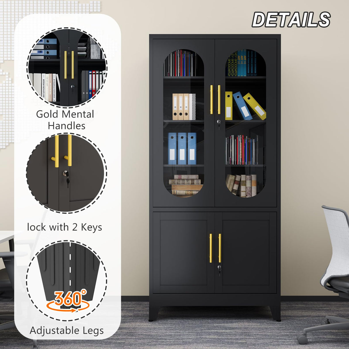 winiowa Metal Storage Cabinet with Adjustable Shelves,Garage Cabinet with 4 Lockable Doors, 71" Tall Kitchen Pantry Cabinets,Steel Locking Cabinets for Kitchen, Garage, Office,Living Room-Black winiowa