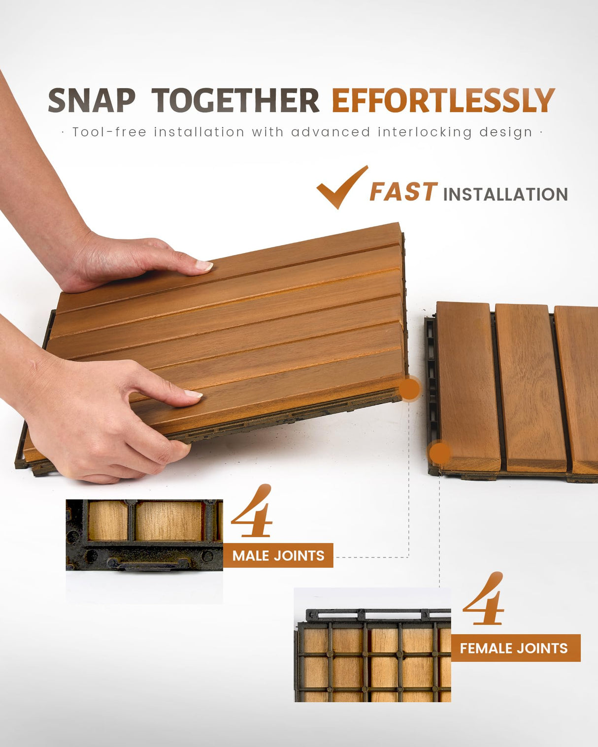 Upolana 9 PCS Interlocking Deck Tiles 12" x 12", 6 Slats Outdoor Flooring Acacia Wood Patio Tiles, Waterproof Patio Flooring Decking for Balcony Backyard, Indoor and Outdoor Use Upolana