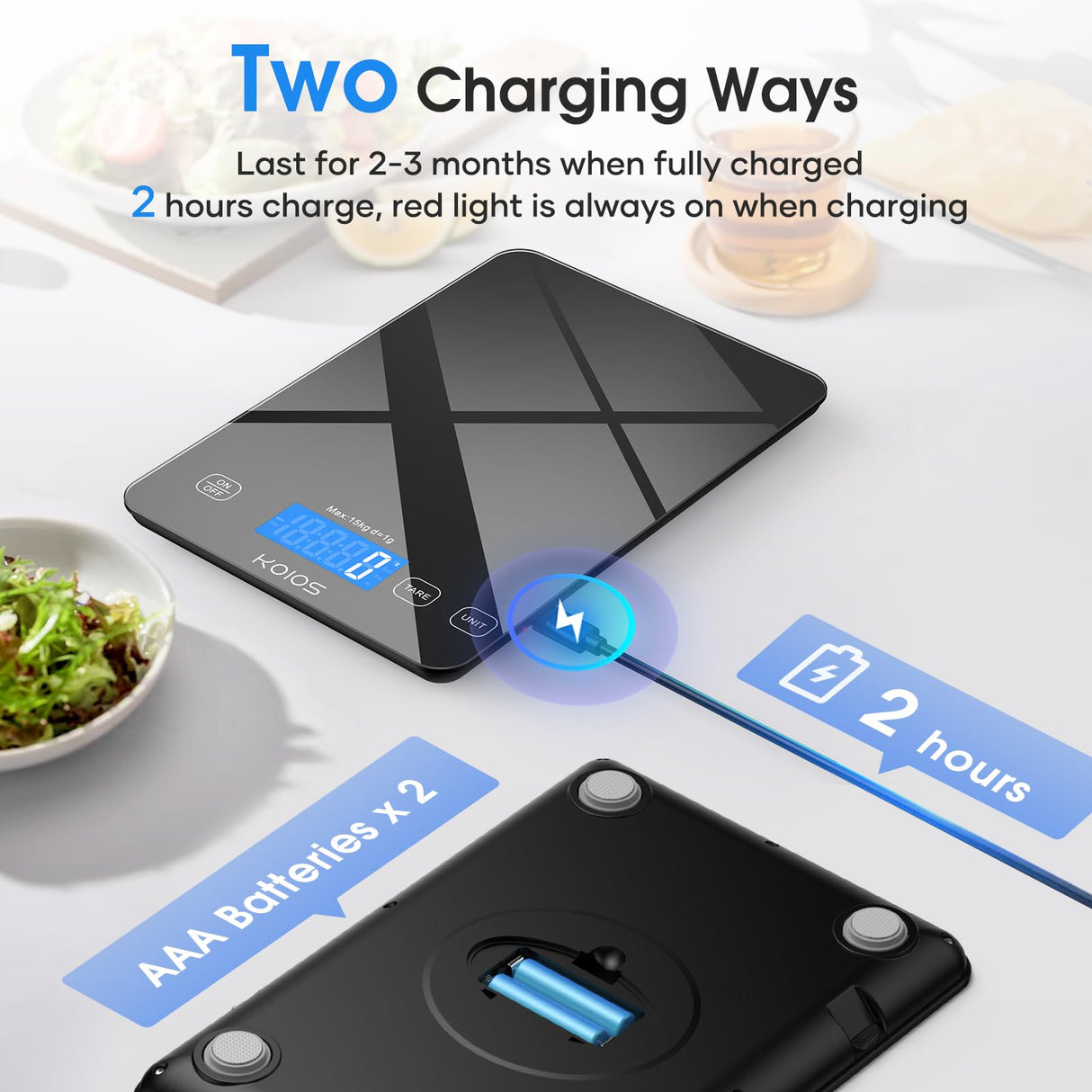 KOIOS Food Scale, 33lb/15kg Digital Kitchen Scale Weight in Grams and Ounces for Cooking Baking, 1g/0.1oz Precise Graduation, Batteries and Type-C Charging, Tare Function, LCD Display, Black KOIOS