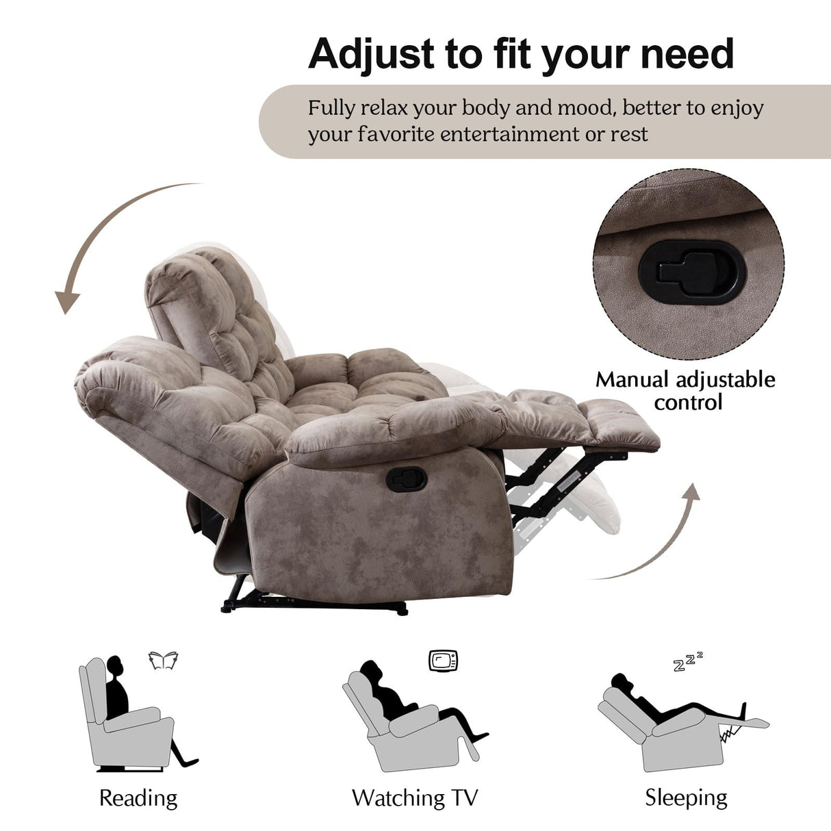CANMOV Manual Reclining Sofa Set, 3 Pieces Recliner Sofa Set, Manual Recliner Chair, Reclining Loveseat and 3-Seat Sofa for Living Room, 3 Pieces Furniture Set, Light Brown (1+2+3) CANMOV