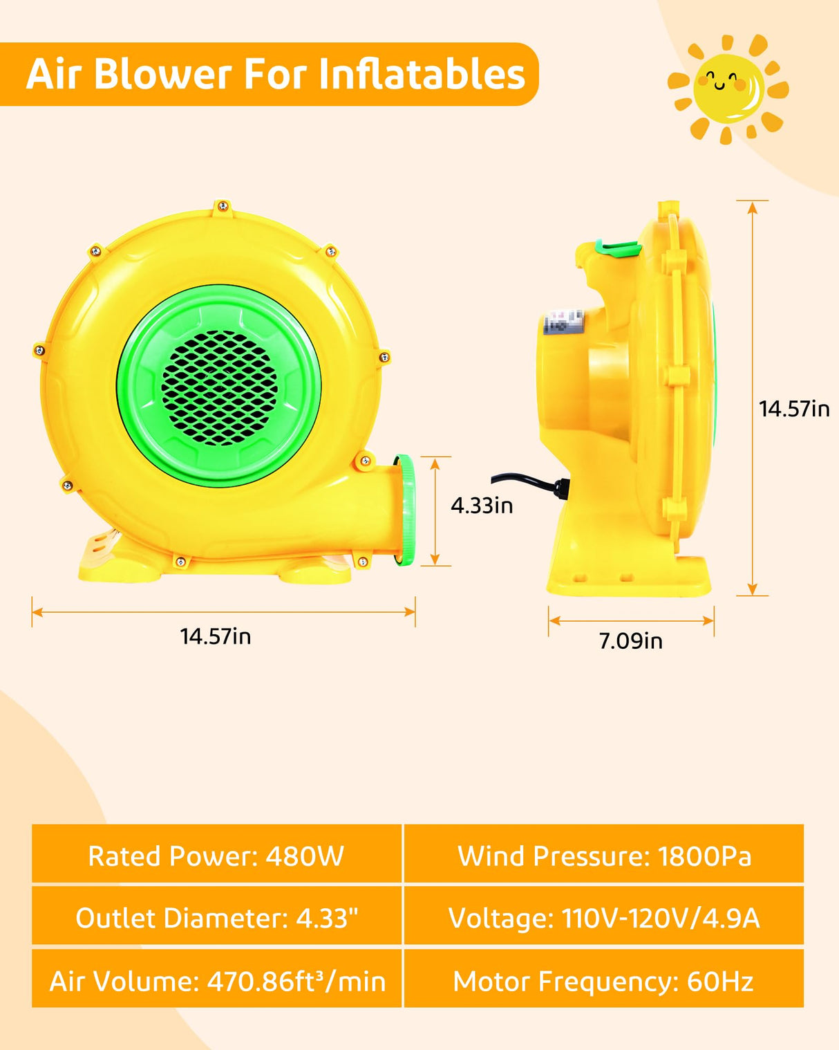 Step4Fun Bounce House Air Blower for Inflatables, 480 Watt ETL Certified Electric Blower, Perfect for Inflatable Bounce House Water Slide and Bouncy Castle Indoor & Outdoor Yellow Step4Fun