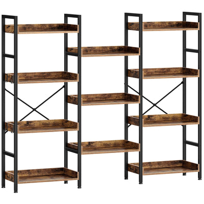 Rolanstar Bookshelf 4 Tiers with 4 Hooks, Triple Bookcase with Open Display Shelves, Industrial Wide Bookshelf with Metal Frame for Living Room, Office, Rustic Brown