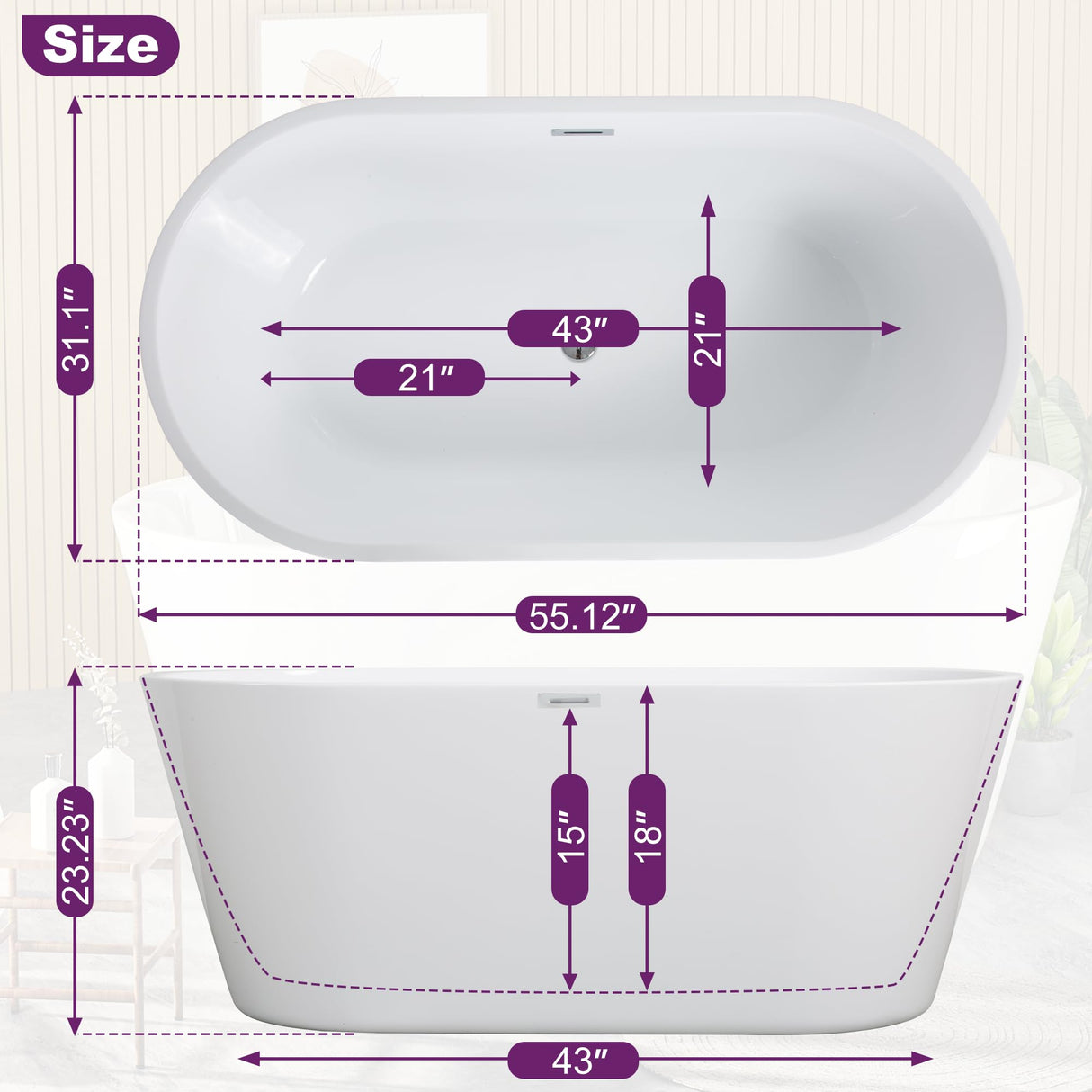 HIGREENA 55" Acrylic Freestanding Bathtub, Glossy White Soaking Tub, Stand Alone Tub, Oval Bathtub with Chrome Overflow and Drain, Free Standing Tub for Bathroom HIGREENA