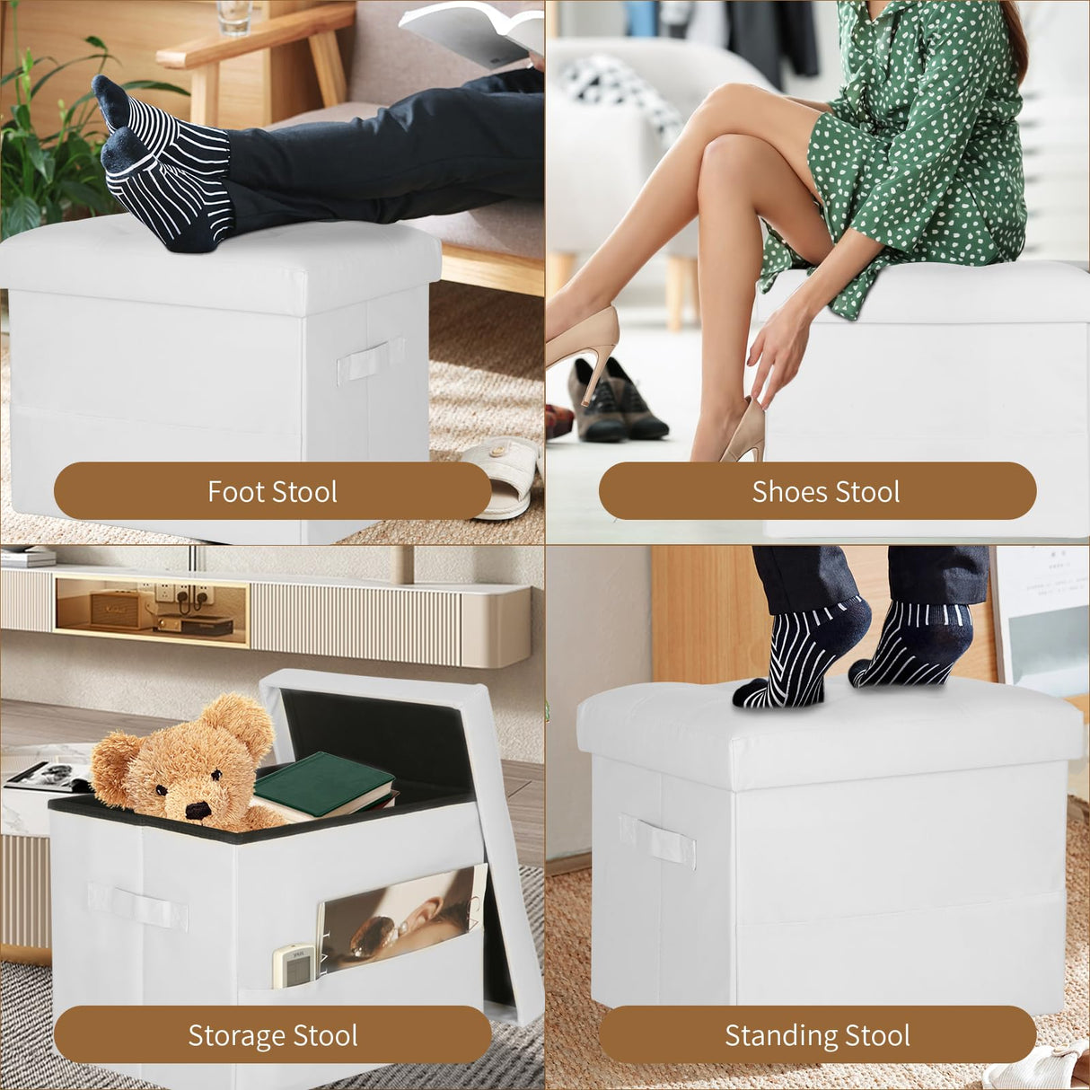 BelugaHelper Ottoman with Storage. Leather Foldable Ottomans with Thick Foam Padded Seat. Foot Rest Stool Storage for Living Room and Bedroom. Side Pockets and Handles Designed. 17x13x13in, White BelugaHelper