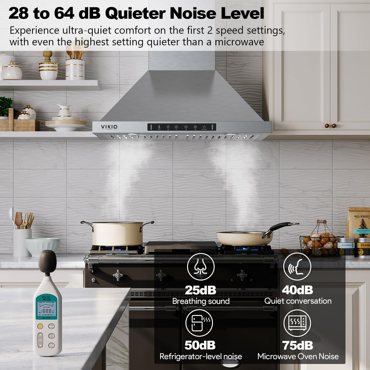 VIKIO HOME Wall Mount Range Hood 30 inch,Kitchen Vent Hoods 980 CFM Ducted/Ductless Range Hood,with Gesture Sensing & Touch Control Switch Panel, 3 Speed Exhaust Fan Permanent Filter VIKIO HOME