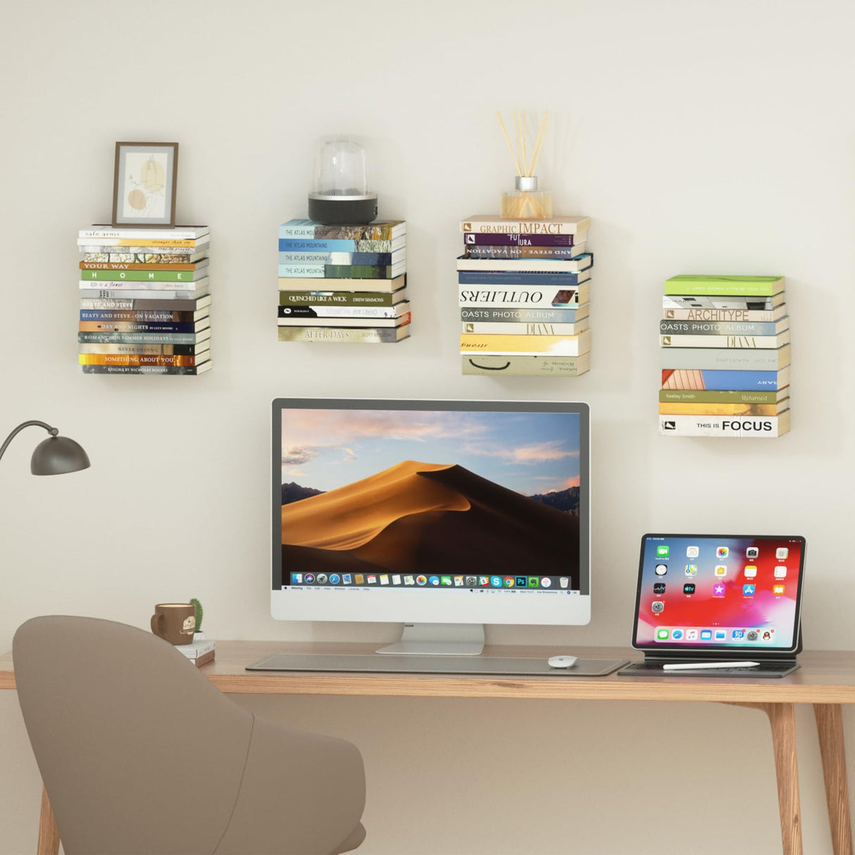 Mefirt Invisible Floating Bookshelves for Wall, 8 Tier Vertical Spine Book Tower, Heavy Duty Floating Book Shelves Metal Book Organizers for Home Office, 4 Pack(White) Mefirt