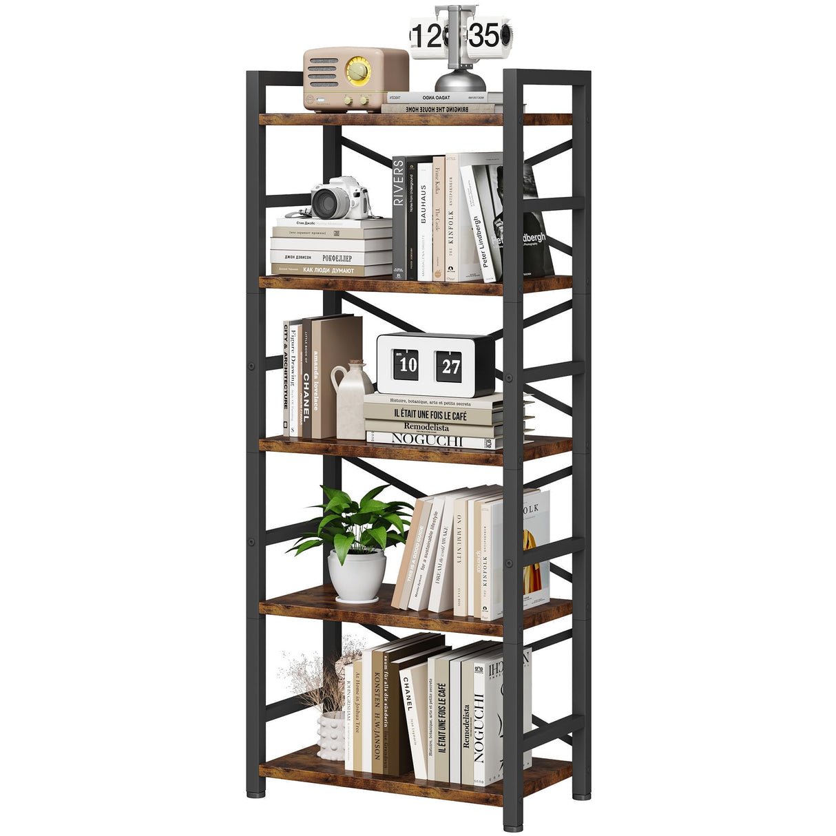 Organization and Storage, 5 Tier Bookshelf, Tall Bookcase with Shelves, Wood and Metal Book Shelf Storage Organizer, Industrial Display Standing Shelf Unit for Bedroom, Living Room, Rustic Brown Homeiju