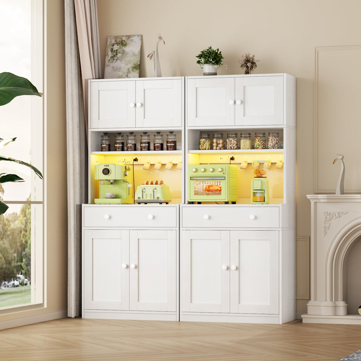 Korfile 71" Tall Food Pantry Cabinet with Power Outlet LED Light, Kitchen Storage Cabinet with 4 Doors, Hutch with Microwave Stand, Cupboard with Drawers for Kitchen, Dining Room, White Korfile