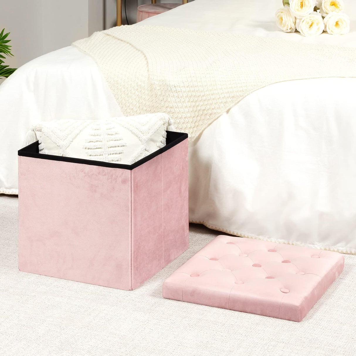 B FSOBEIIALEO Storage Ottoman Cube, Velvet Tufted Folding Ottomans with Lid, Footstool Rest Padded Seat for Bedroom (Pink, Medium) B FSOBEIIALEO