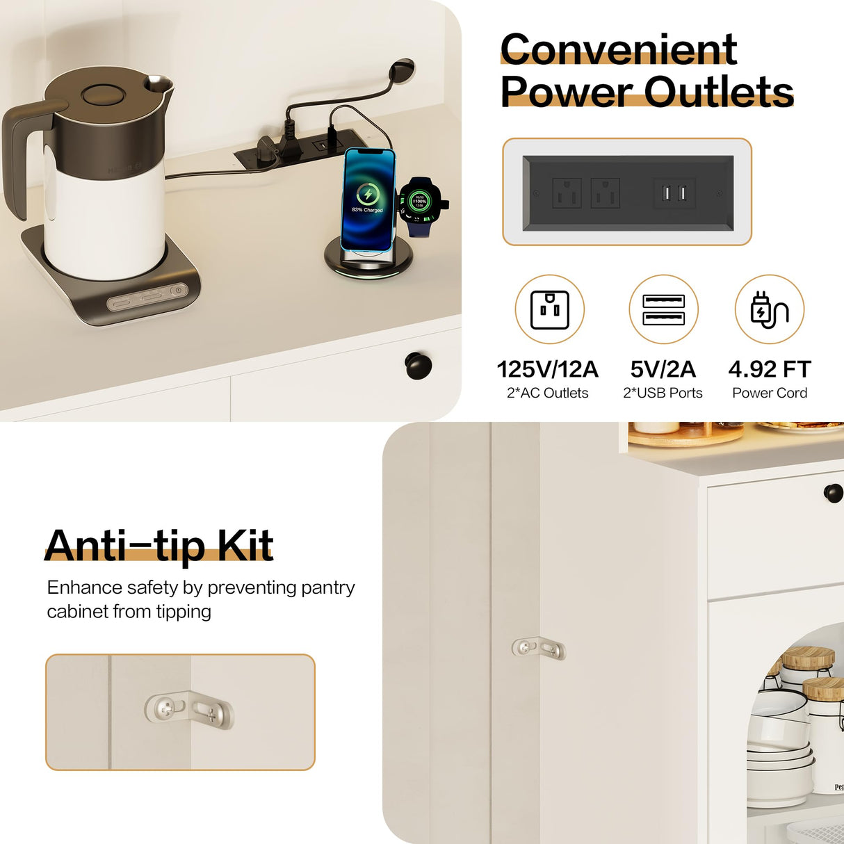 71" Kitchen Pantry Storage Cabinet with Lights and Charging Station, Tall Hutch Cabinet with Storage and Microwave Shelf for Dining Room spanspace